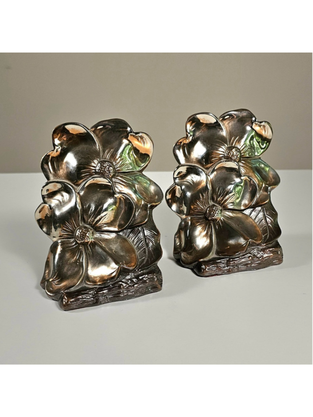 Vintage PM Craftsman Philadelphia Mfg Dogwood Flower Metal Bookends Pair
